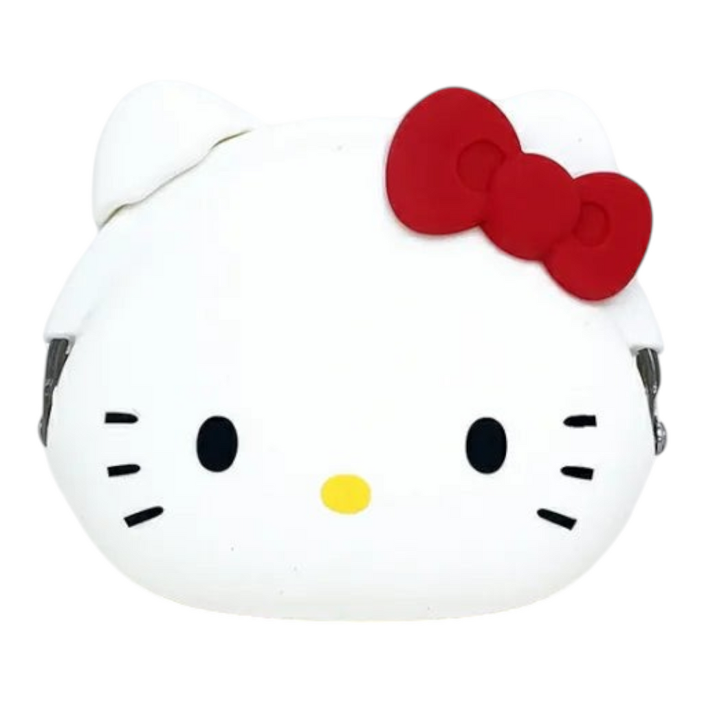 Twinkle Glory white silicone Hello Kitty Mimi Pochi pouch with a red bow and metal clasp frame