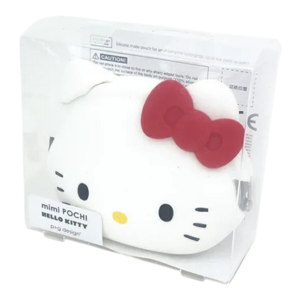 Twinkle Glory Hello Kitty white silicone Mimi Pochi pouch with a red bow in clear retail packaging