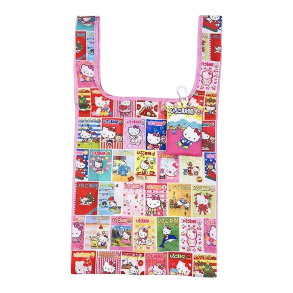 Twinkle Glory Hello Kitty Strawberry Newspaper Y2K print foldable polyester eco bag with an aluminium carabiner