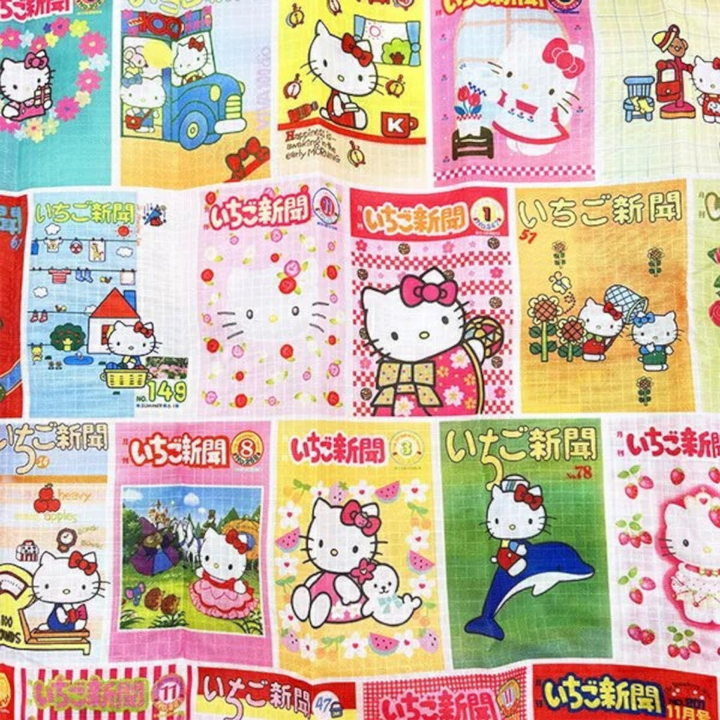 Twinkle Glory Hello Kitty Strawberry Newspaper Y2K print on a lightweight polyester foldable eco bag