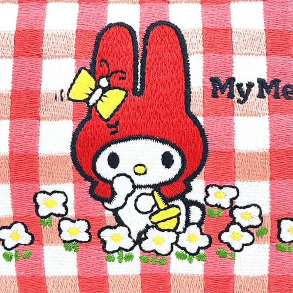 Twinkle Glory Sanrio My Melody pen pouch featuring detailed red and white gingham tatami embroidery and floral motifs.