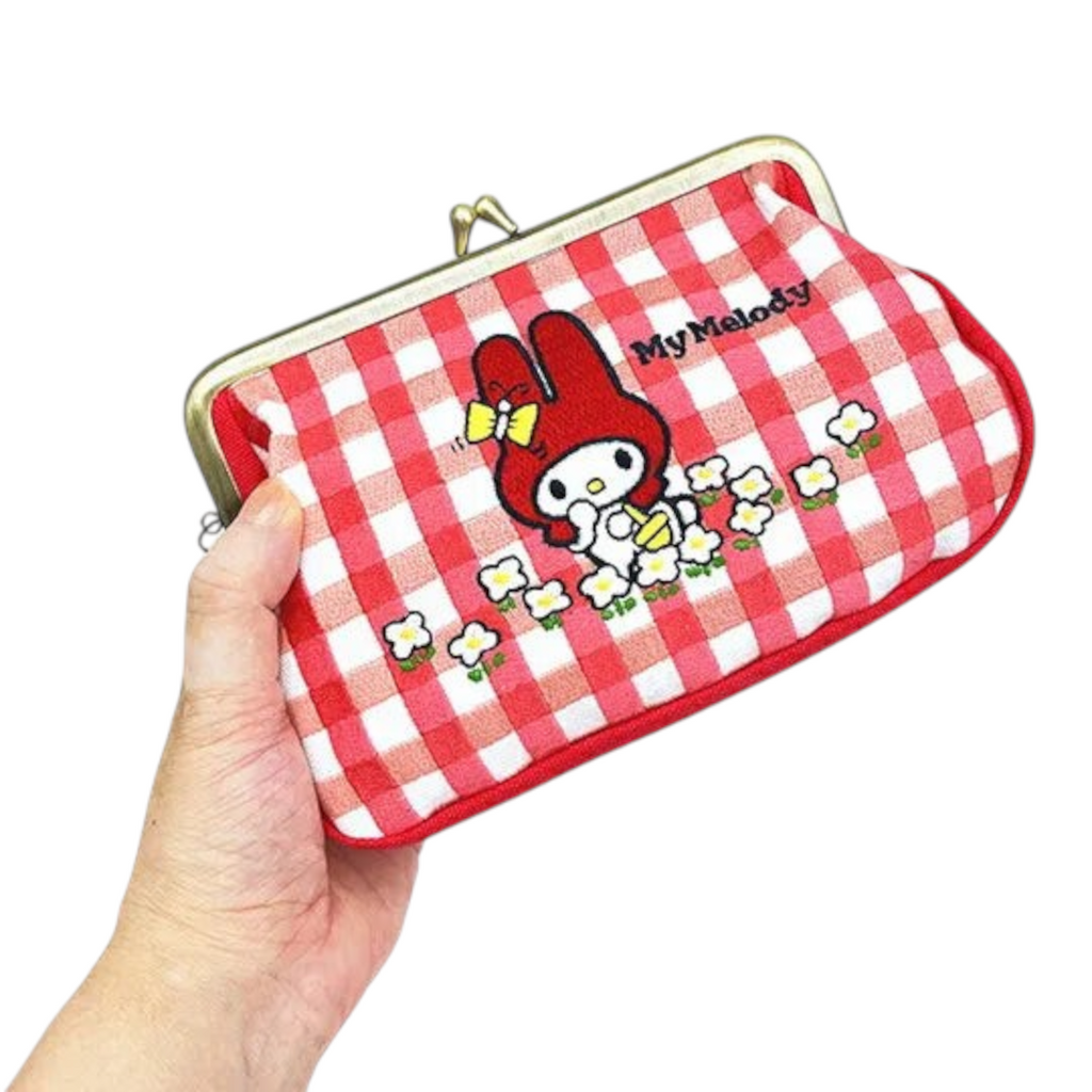 Twinkle Glory Sanrio My Melody pen pouch in red and white gingham cotton with tatami embroidery and kiss-lock clasp