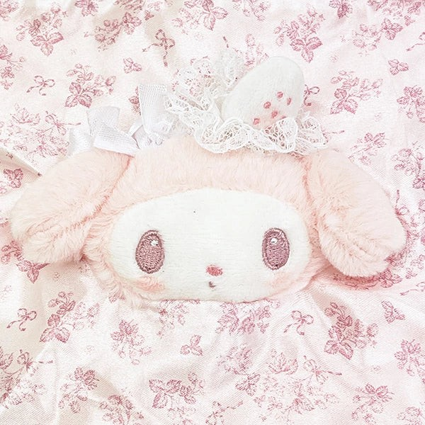 Twinkle Glory Sanrio My Melody plush drawstring bag in soft pink with white lace and strawberry detail