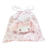Twinkle Glory Sanrio My Melody drawstring bag in white and pink strawberry tea time print with plush character face