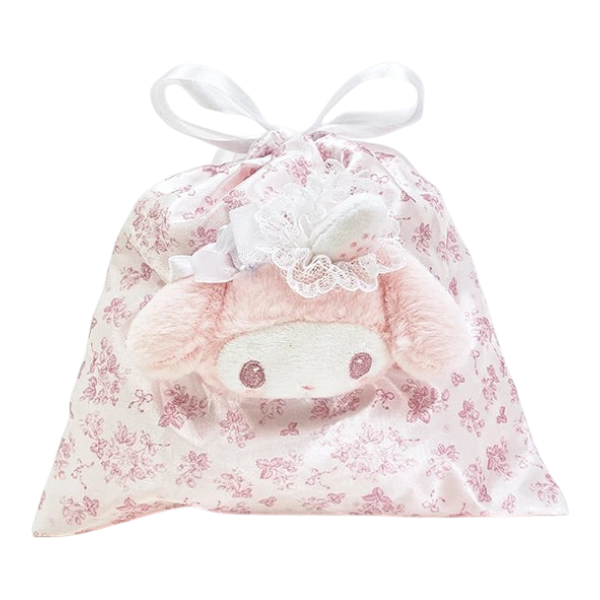Twinkle Glory Sanrio My Melody drawstring bag in white and pink strawberry tea time print with plush character face