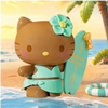 Twinkle Glory Hello Kitty PVC figure wearing a teal bikini and flower, holding a surfboard on a sandy beach.