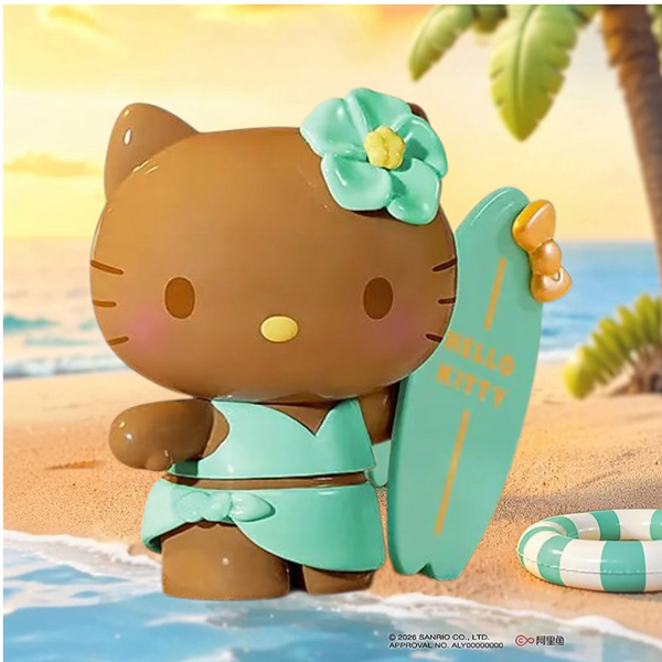 Twinkle Glory Hello Kitty PVC figure wearing a teal bikini and flower, holding a surfboard on a sandy beach.