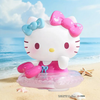 Twinkle Glory Hello Kitty PVC collectible figure wearing a pink swimsuit and floatie on a sunny beach background