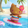 Twinkle Glory Hello Kitty PVC figure surfing on a pink board with a beach background and tropical flowers