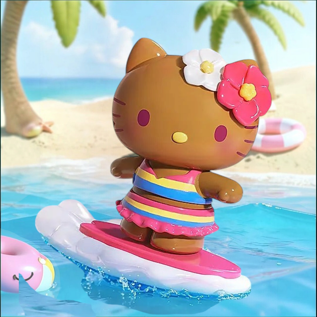 Twinkle Glory Hello Kitty PVC figure surfing on a pink board with a beach background and tropical flowers