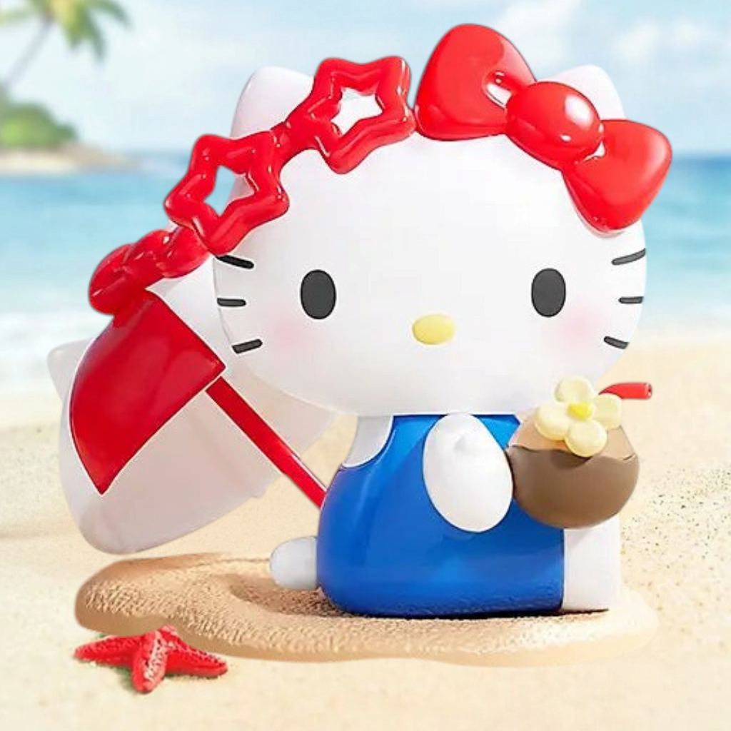 Twinkle Glory Hello Kitty PVC figure wearing a red star headband and holding a coconut drink on a sandy beach