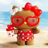 Twinkle Glory Hello Kitty PVC figure in a red polka dot bikini with heart sunglasses and a drink on a sandy beach