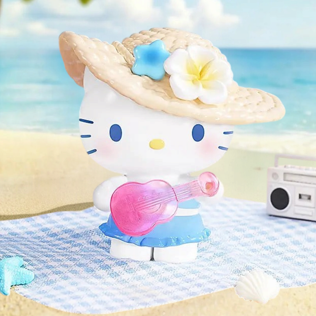 Twinkle Glory Hello Kitty PVC figure wearing a straw hat with a flower, holding a pink ukulele on a beach towel.
