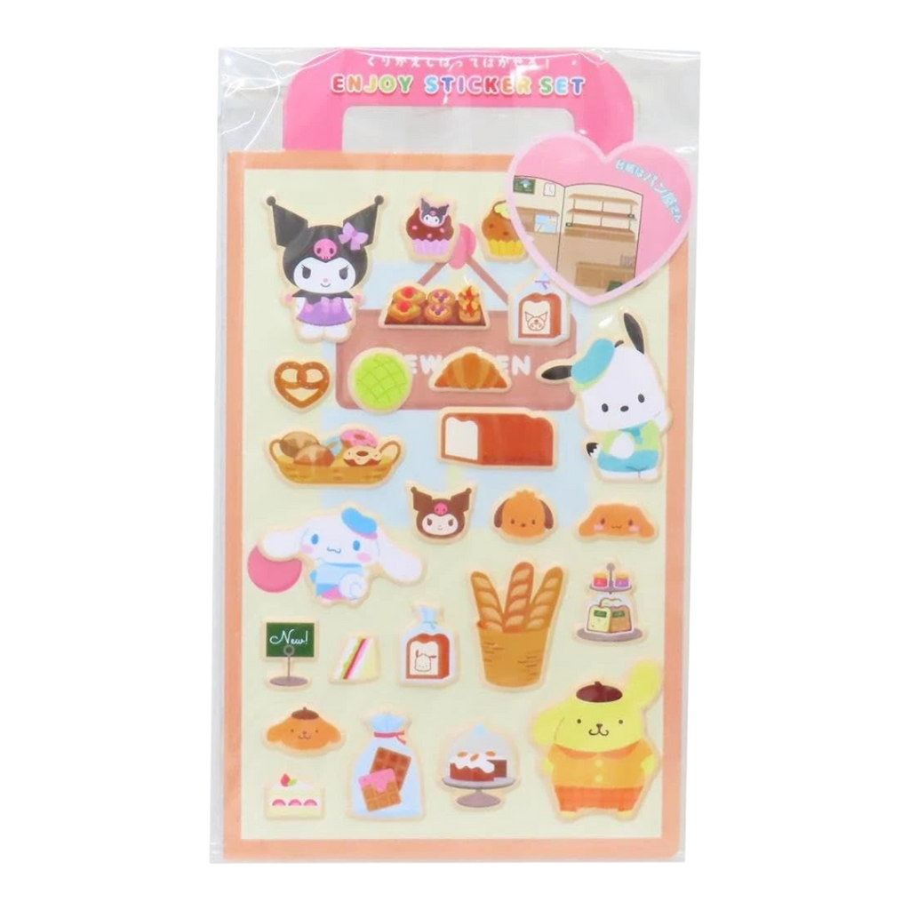 Twinkle Glory Sanrio Town Bakery puffy sticker sheet featuring Kuromi, Pochacco, Cinnamoroll, and Pompompurin designs.