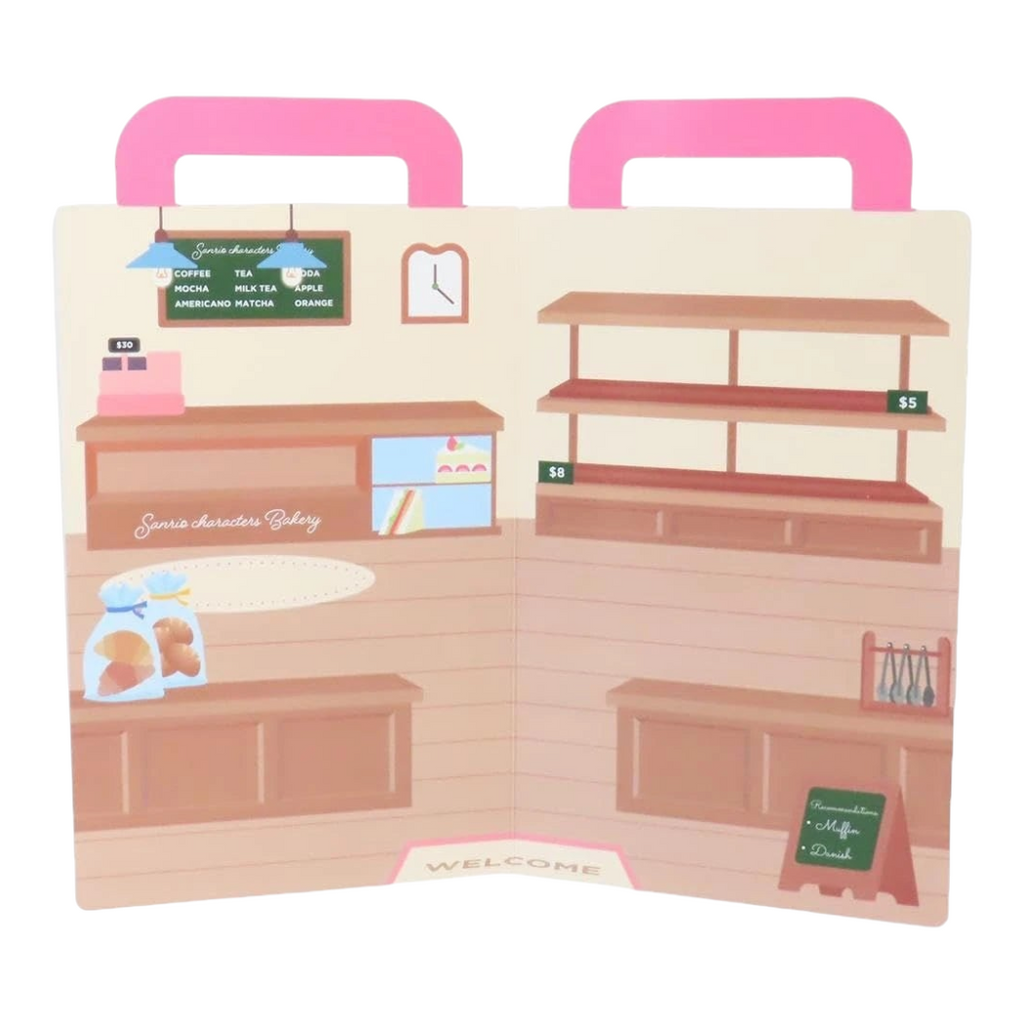 Twinkle Glory Sanrio Characters Town Bakery sticker set display board with a charming cafe interior design