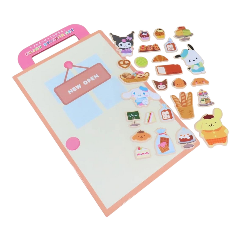 Twinkle Glory Sanrio Town Bakery puffy sticker set featuring Kuromi, Pochacco, Cinnamoroll, and Pompompurin characters.