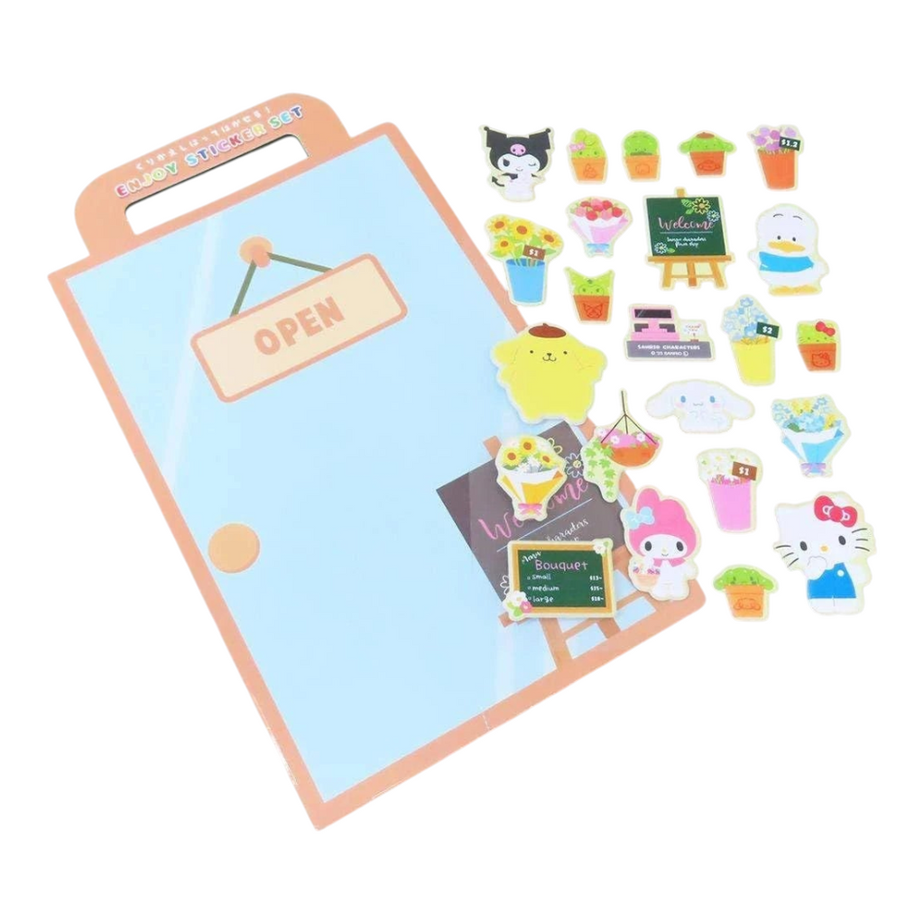 Twinkle Glory Sanrio characters sticker set featuring Hello Kitty, Kuromi, and My Melody with floral and shop themes