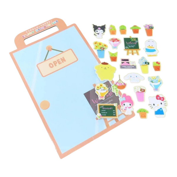 Twinkle Glory Sanrio characters sticker set featuring Hello Kitty, Kuromi, and My Melody with floral and shop themes