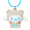 Twinkle Glory Sanrio Cinnamoroll flocked mascot keychain in a cute bear costume with a blue plastic ring clip