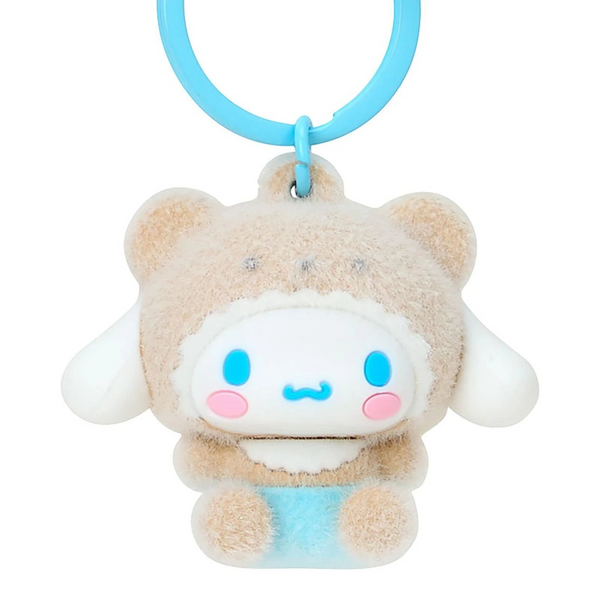 Twinkle Glory Sanrio Cinnamoroll flocked mascot keychain in a cute bear costume with a blue plastic ring clip