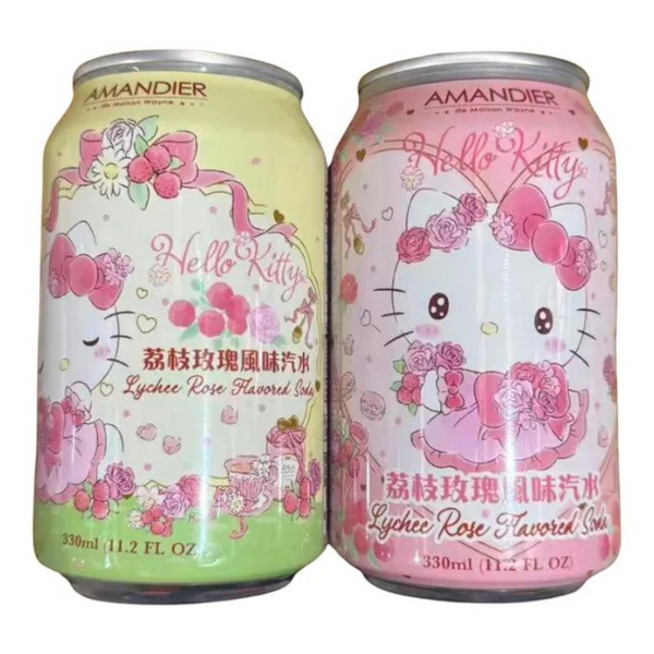 Twinkle Glory Amandier Hello Kitty lychee rose soda cans in pastel green and pink with floral designs
