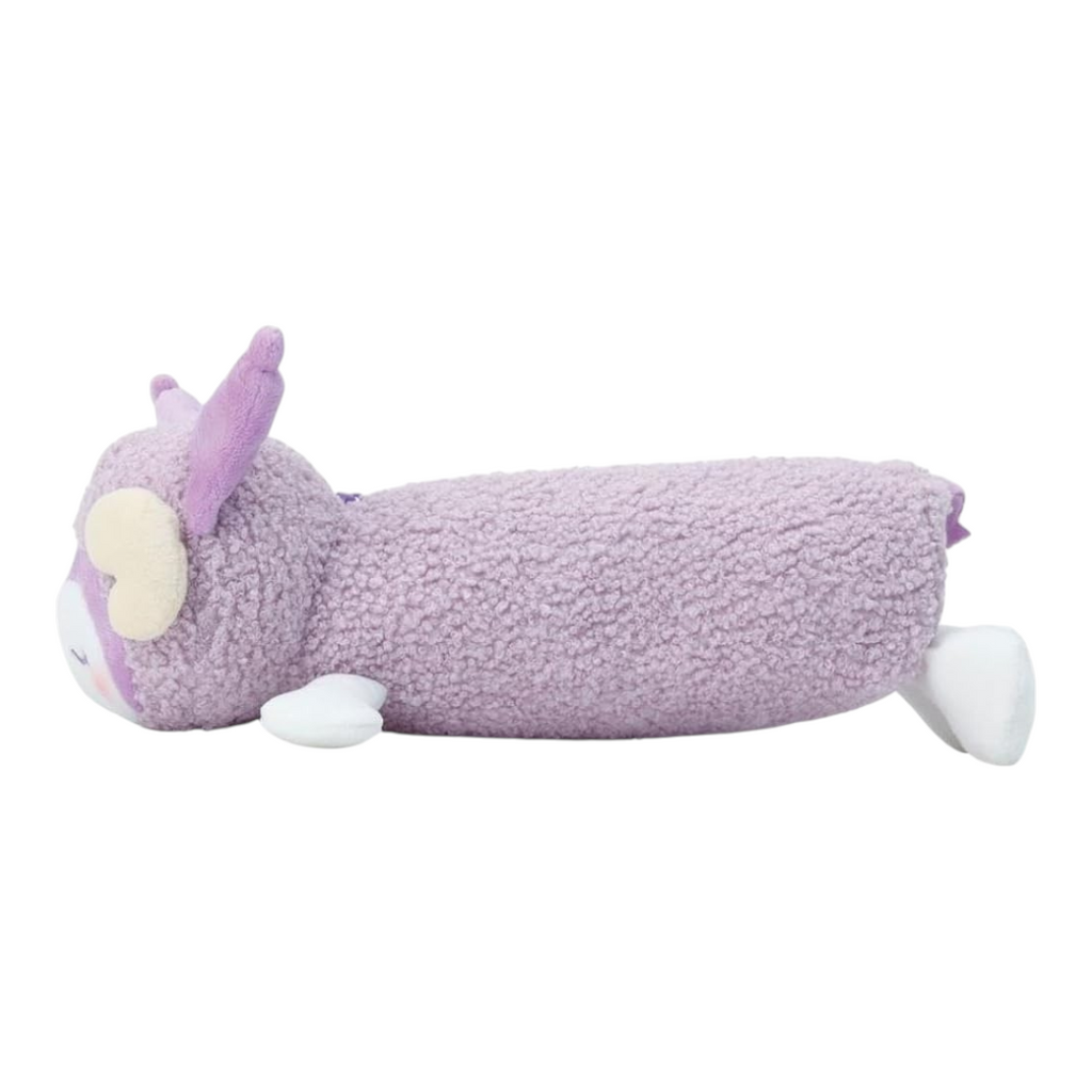 Twinkle Glory Sanrio Kuromi sleeping sheep plush pen case in fluffy purple sheep boa fabric, side view.