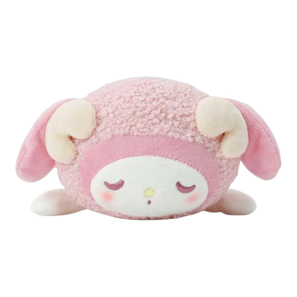 Twinkle Glory Sanrio My Melody plush pen case in a pink fluffy sleeping sheep design with soft vel boa texture