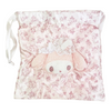 Twinkle Glory Sanrio My Melody drawstring bag in white and pink strawberry tea time print with plush character face.