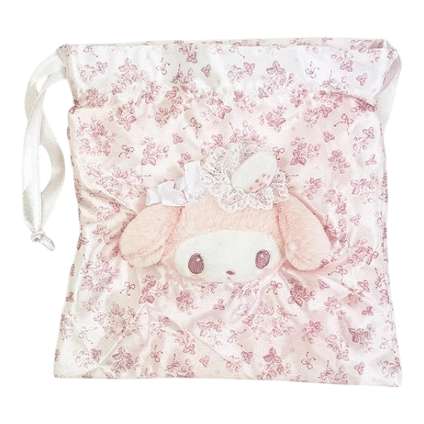 Twinkle Glory Sanrio My Melody drawstring bag in white and pink strawberry tea time print with plush character face.