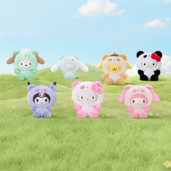 Twinkle Glory Sanrio Hello Kitty and Friends colourful panda plush keychains in a grassy field setting