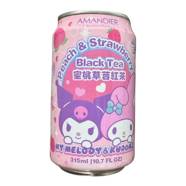 Twinkle Glory Amandier peach and strawberry black tea can featuring My Melody and Kuromi Sanrio character design.