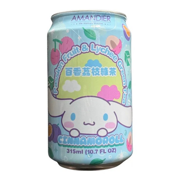 Twinkle Glory Amandier Cinnamoroll passionfruit and lychee green tea in a light blue collectible 315ml can
