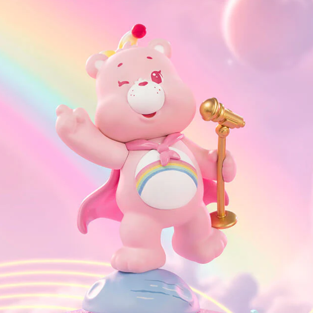 Pink teddy bear with rainbow cape and microphone on a colorful background