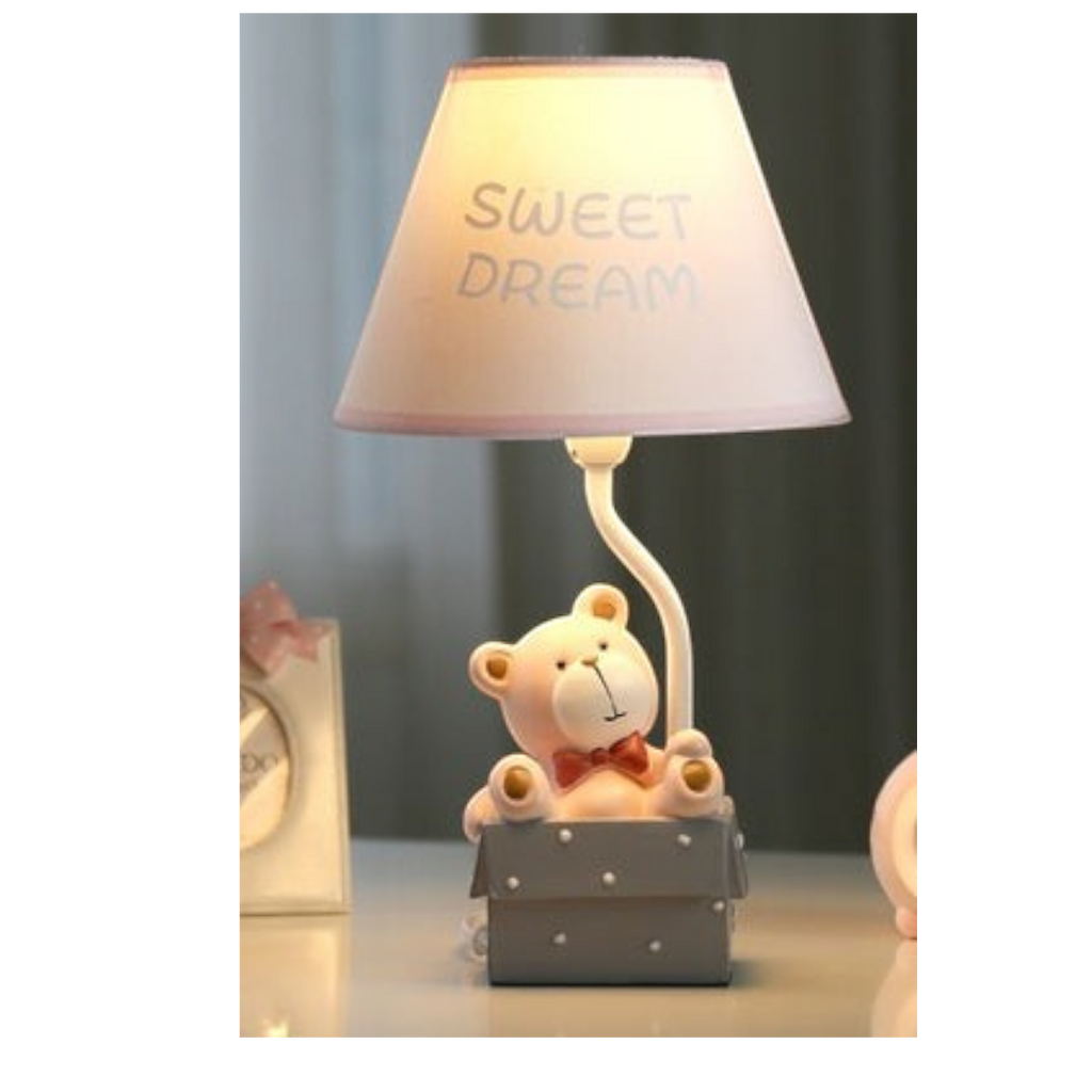 Twinkle Glory cute bear LED night light with a Sweet Dream lampshade, made of natural resin for a nursery or bedroom.