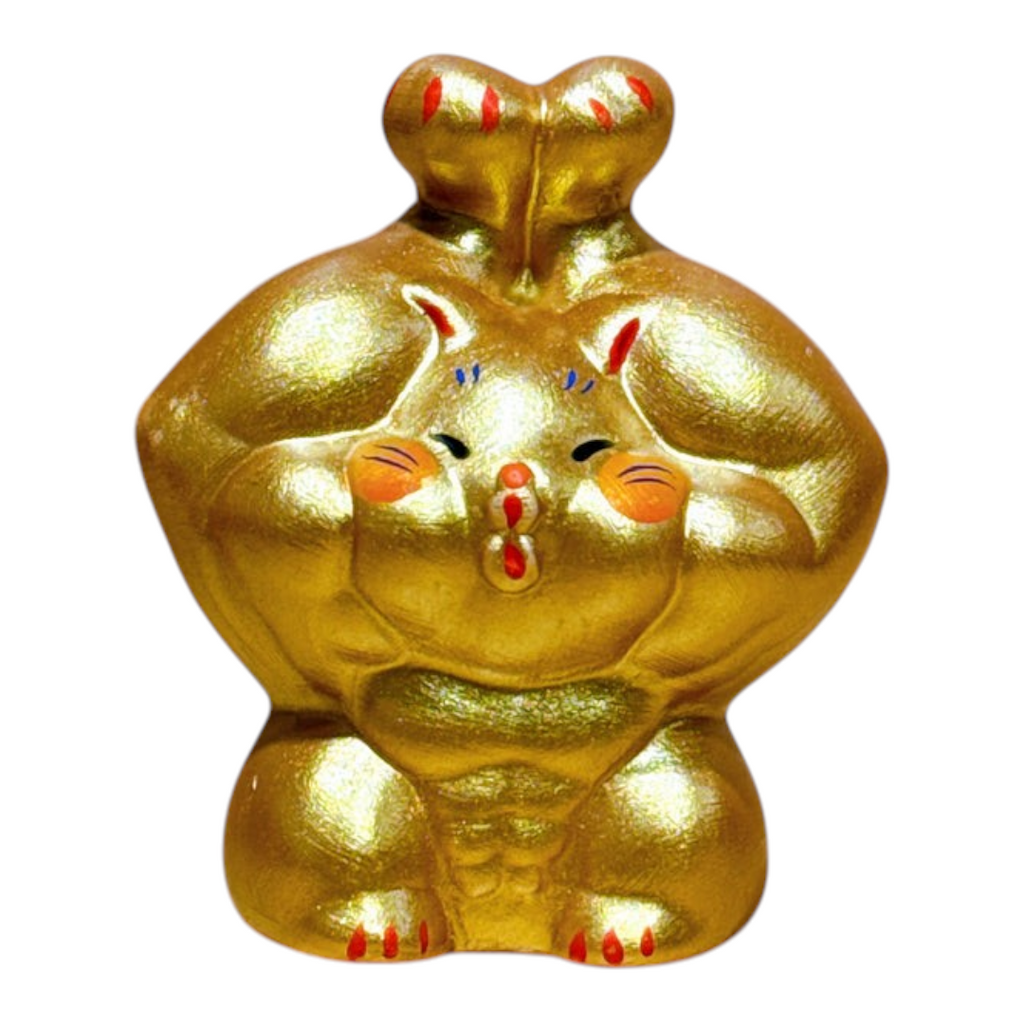 Twinkle Glory Ryukodo gold porcelain lucky cat figurine with a muscular pose for prosperity and good fortune