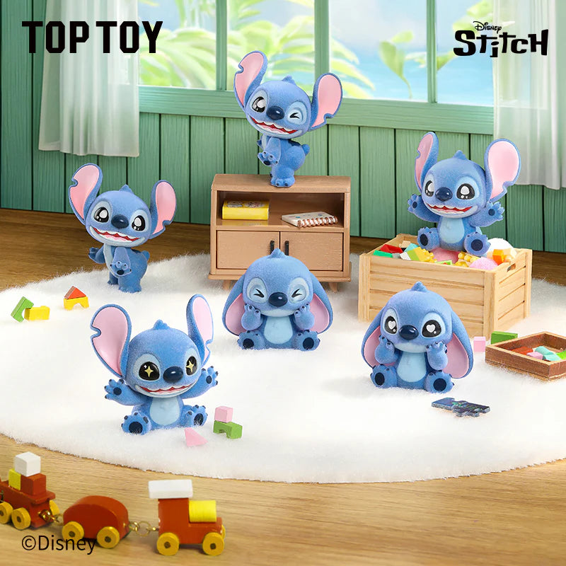 Stitch toy figures in a playful setting with toys and furniture.