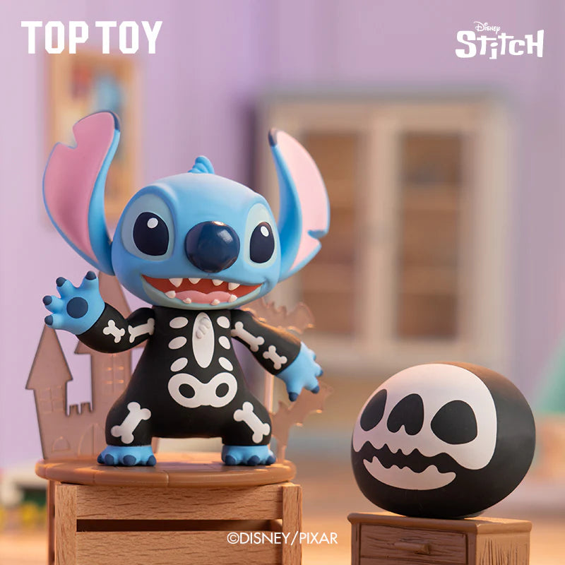 Skeleton Stitch toy with a pumpkin on a wooden stand, Disney/Pixar branding visible
