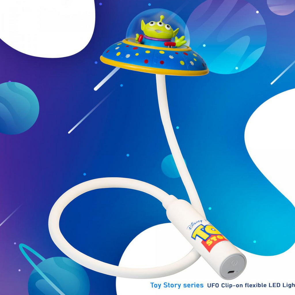 Twinkle Glory Disney Toy Story Alien UFO LED desk lamp with a flexible white neck and rechargeable USB port.