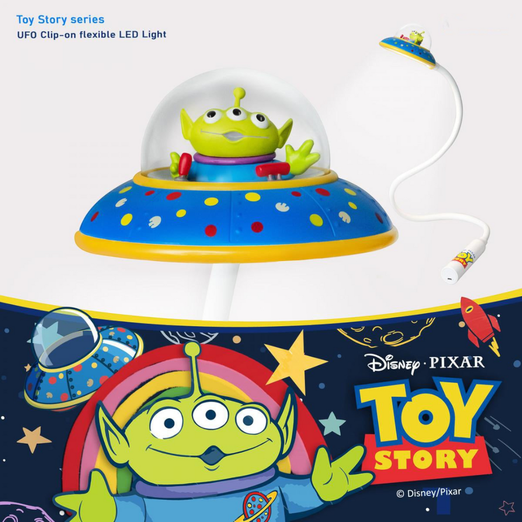 Twinkle Glory Disney Toy Story Alien UFO clip-on LED light with flexible neck and rechargeable battery