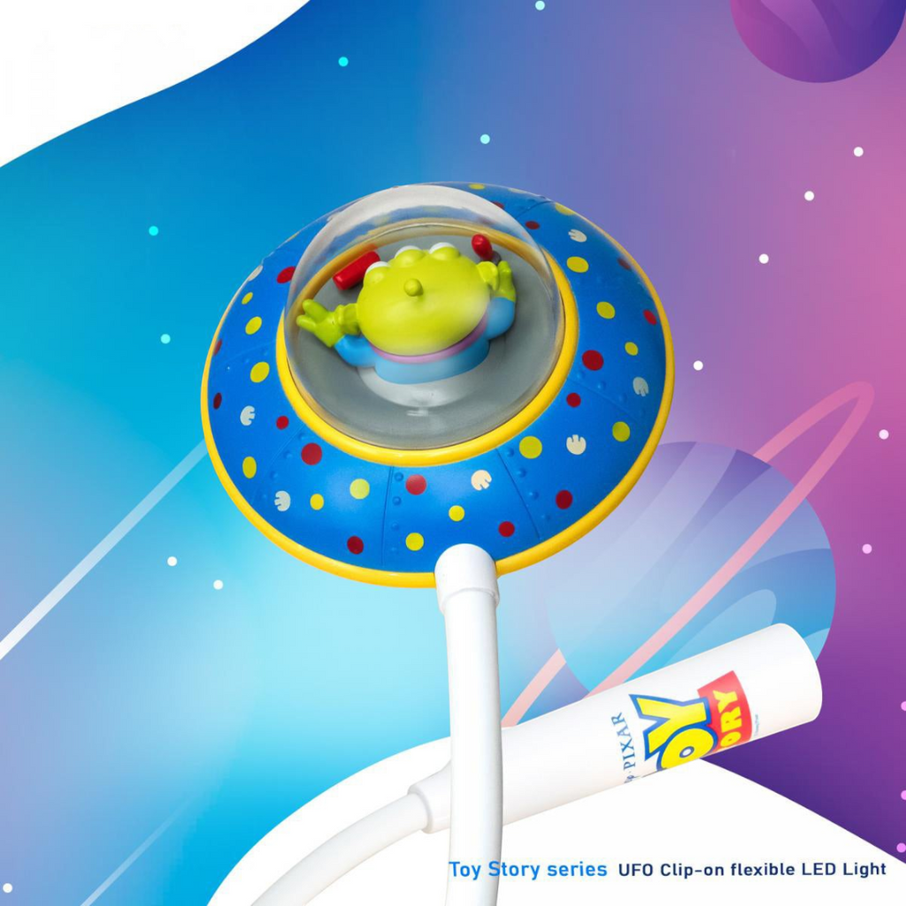 Twinkle Glory Disney Toy Story Alien UFO LED lamp with a flexible white neck and rechargeable USB design.