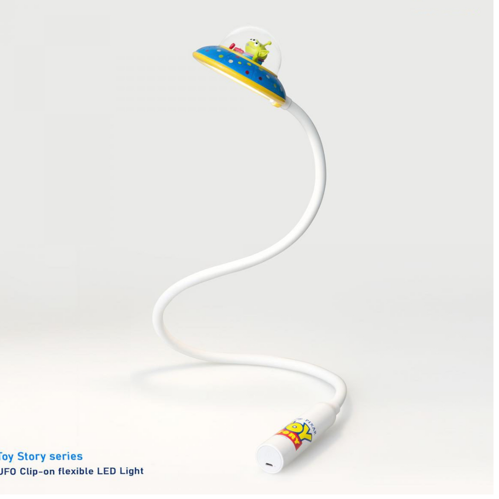 Twinkle Glory Disney Toy Story Alien UFO flexible LED desk lamp with white gooseneck and USB rechargeable base
