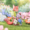 Two animated characters, a fox and a rabbit, standing together in a garden with flowers and greenery.