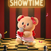 Plush toy bear with a microphone on a chessboard with 'SHOWTIME' sign in the background