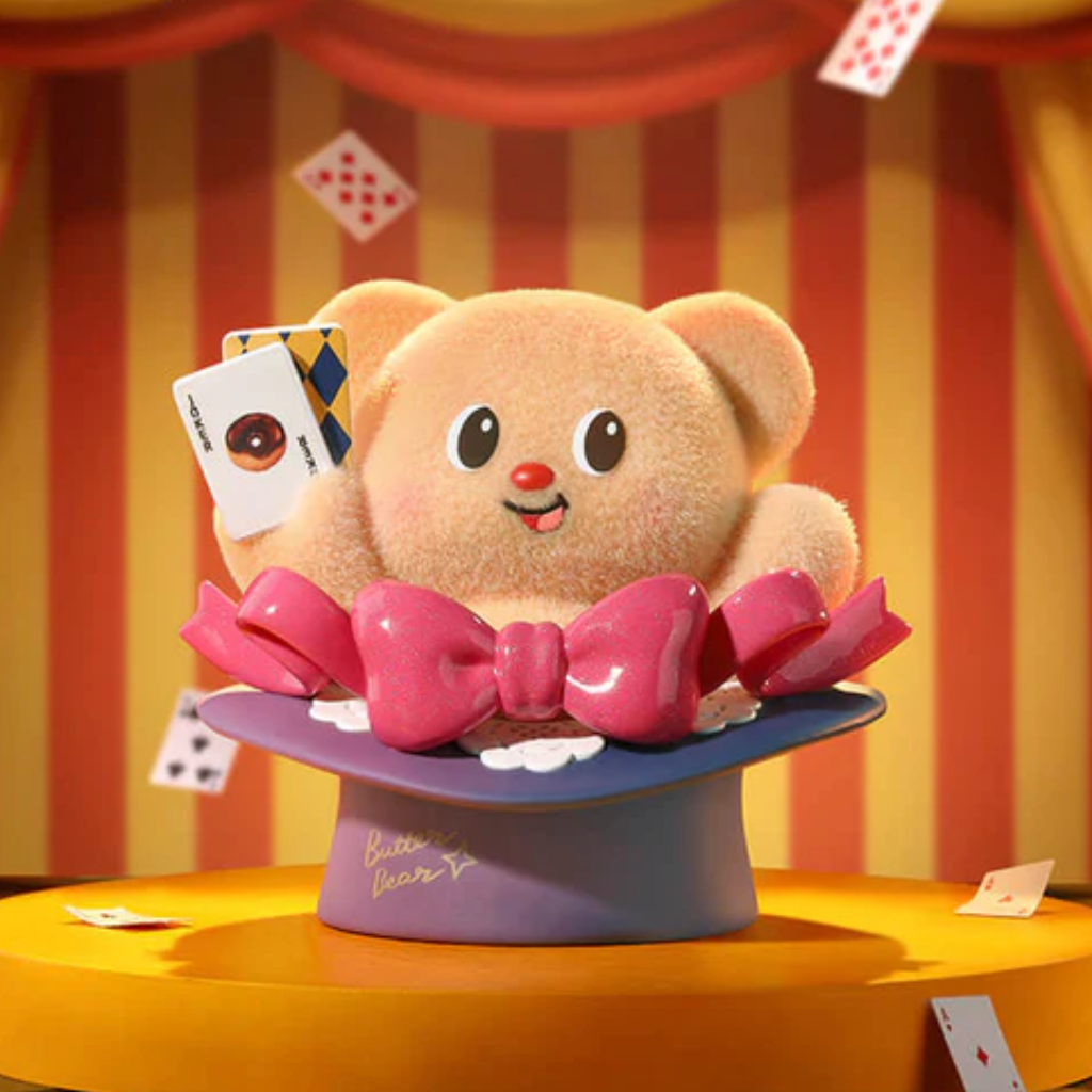 Toy bear with a pink bow on a colorful striped background