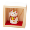 Twinkle Glory lucky cat figurine in a small wooden box, a Japanese mascot for good fortune and prosperity.