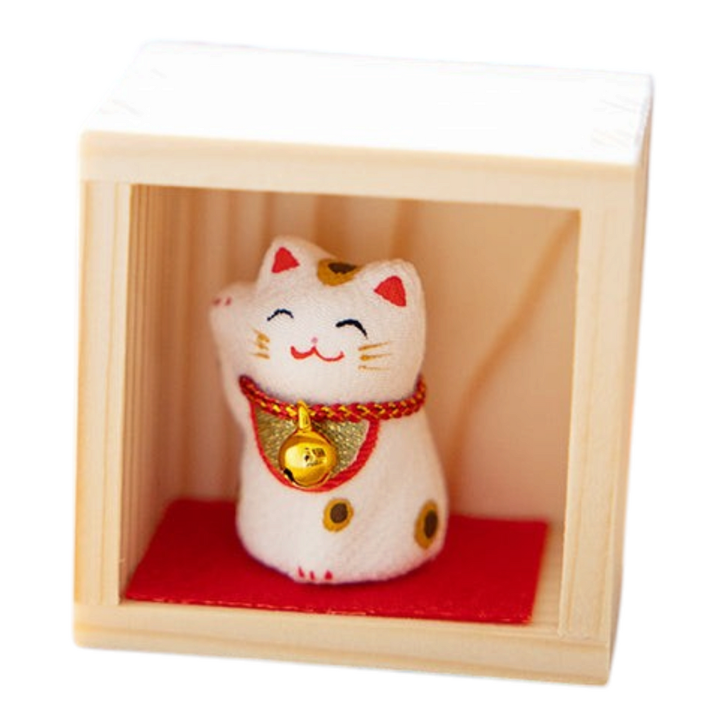 Twinkle Glory lucky cat figurine in a small wooden box, a Japanese mascot for good fortune and prosperity.