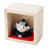 Twinkle Glory Japanese Fukusuke figurine wearing a black and blue kimono inside a small wooden display box