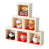 Twinkle Glory Japanese lucky charm set featuring a cat, owl, daruma, and other figurines in individual wooden boxes.
