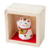 Twinkle Glory white lucky cat figurine with a gold bell in a small wooden display box on a red base
