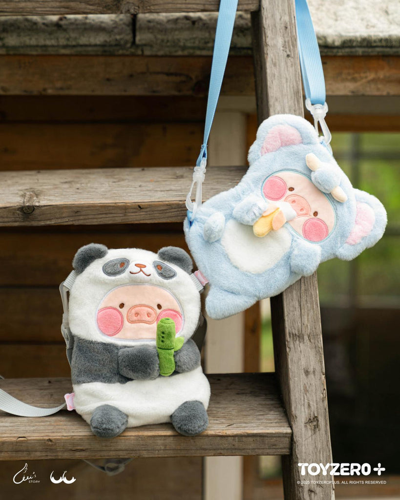Two plush bags, one panda and one bear, on a wooden staircase with 'TOYZERO+' branding.